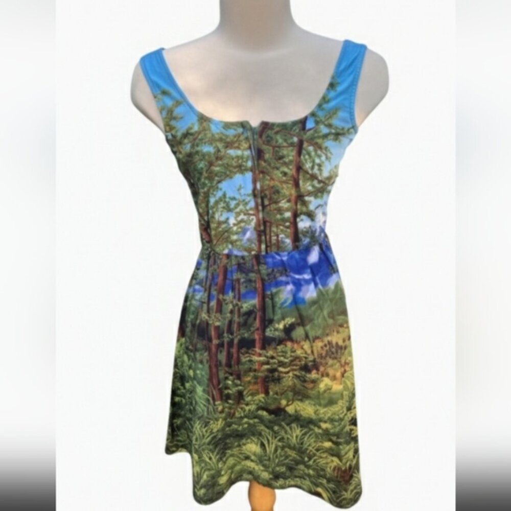 Retrolocious Forest Tree Print Fit & Flare Dress Sleeveless Womens M - Picture 12 of 14
